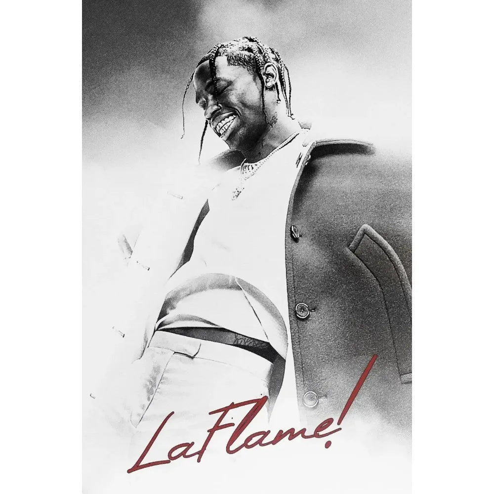 Black and white portrait poster of hip hop singer travis scott with braided hair from scott astroworld jackboys album for wall decor