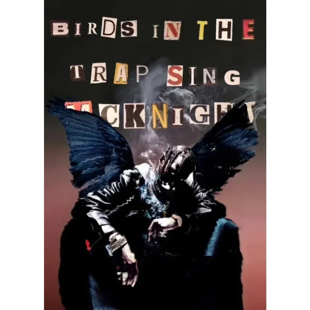 Canvas painting of black-winged figure with dreadlocks in dark smoky scene for travis scott astroworld jackboys music album poster