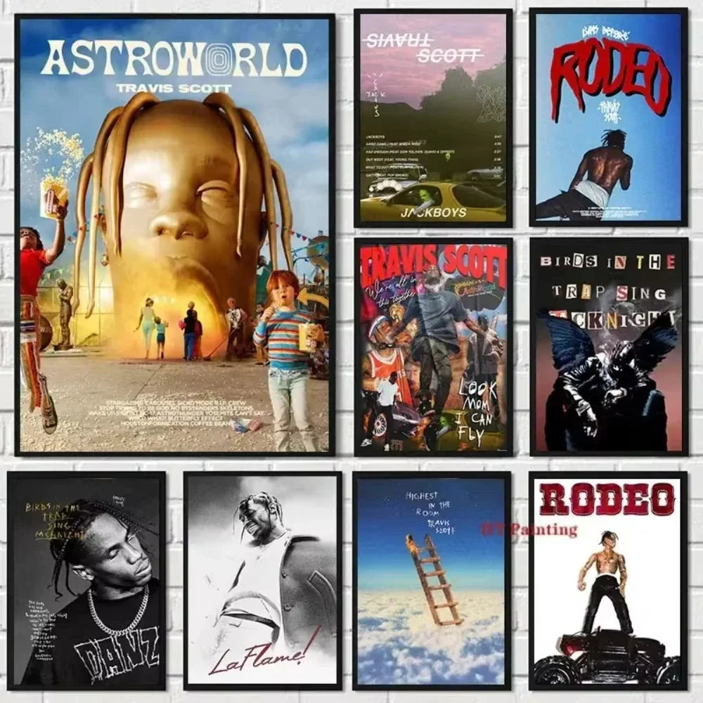 A collection of framed canvas posters featuring travis scott astroworld and jackboys music album cover art for home decor
