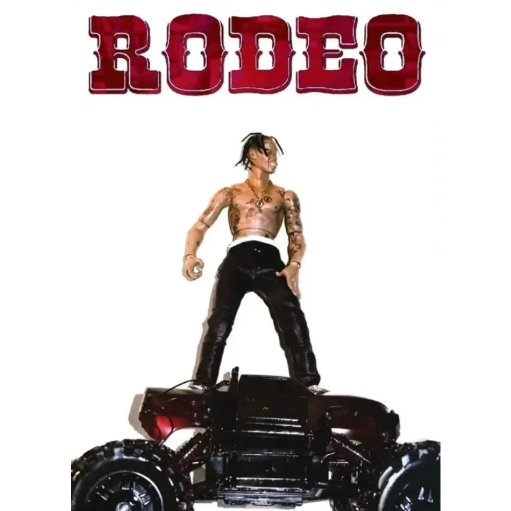 Detailed action figure of tattooed travis scott with dreadlocks on dark red monster truck for scott astroworld jackboys wall art