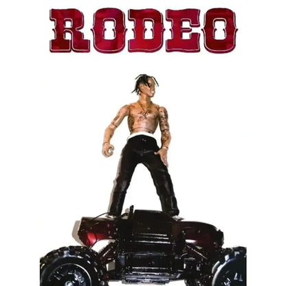 Detailed action figure of tattooed travis scott with dreadlocks on dark red monster truck for scott astroworld jackboys wall art