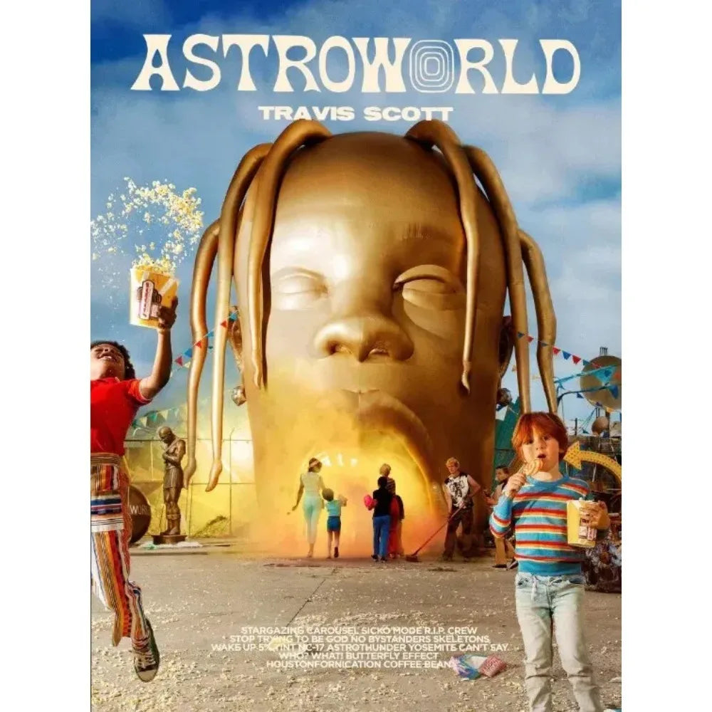 Golden oversized statue of travis scott astroworld on canvas poster painting for jackboys music album wall decoration
