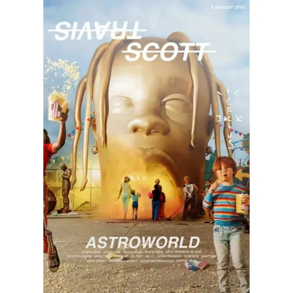A golden oversized sculpture of a face with dreadlocks featured on travis scott astroworld jackboys music album canvas poster