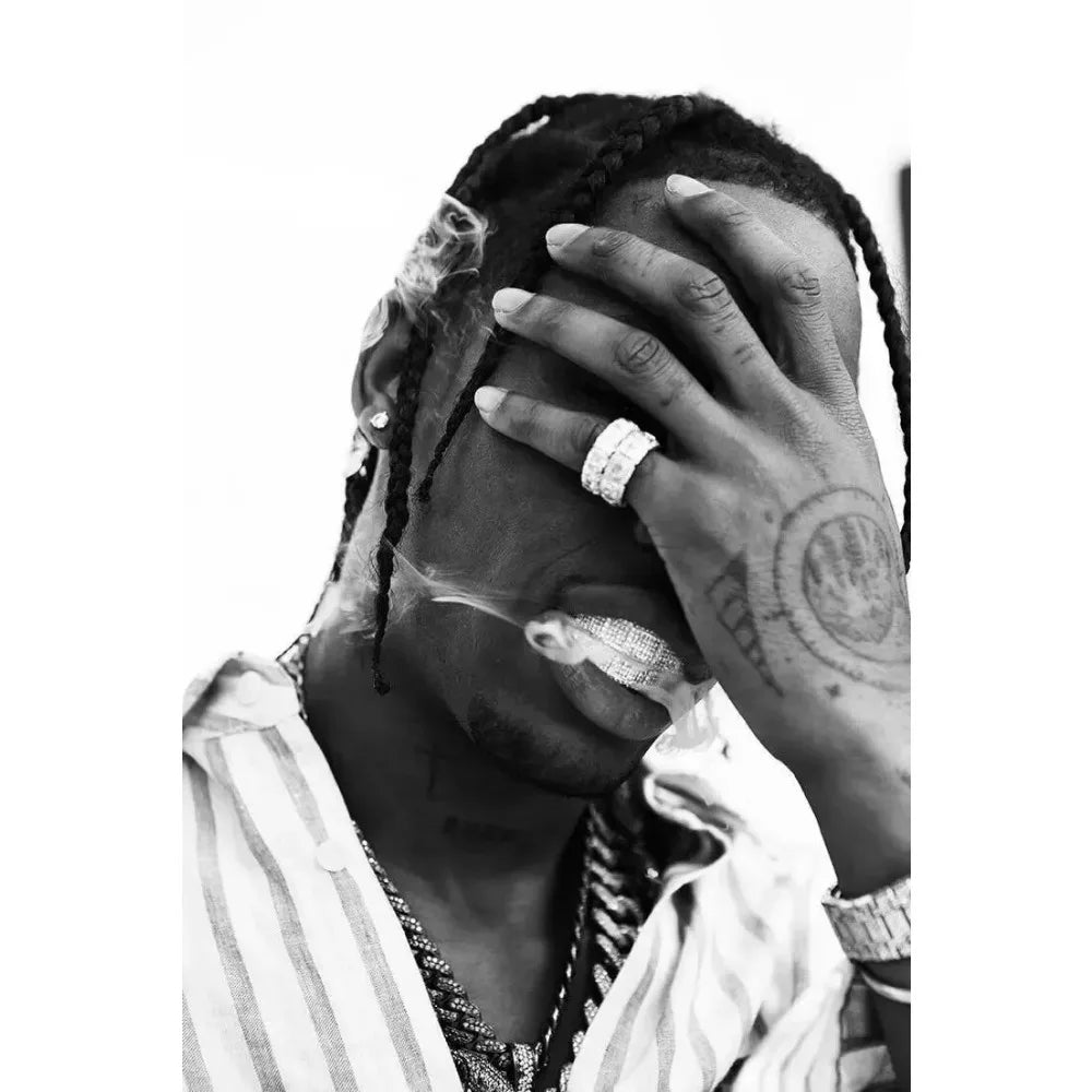 Canvas painting of travis scott astroworld with a man in a striped shirt and necklaces for jackboys music album decor