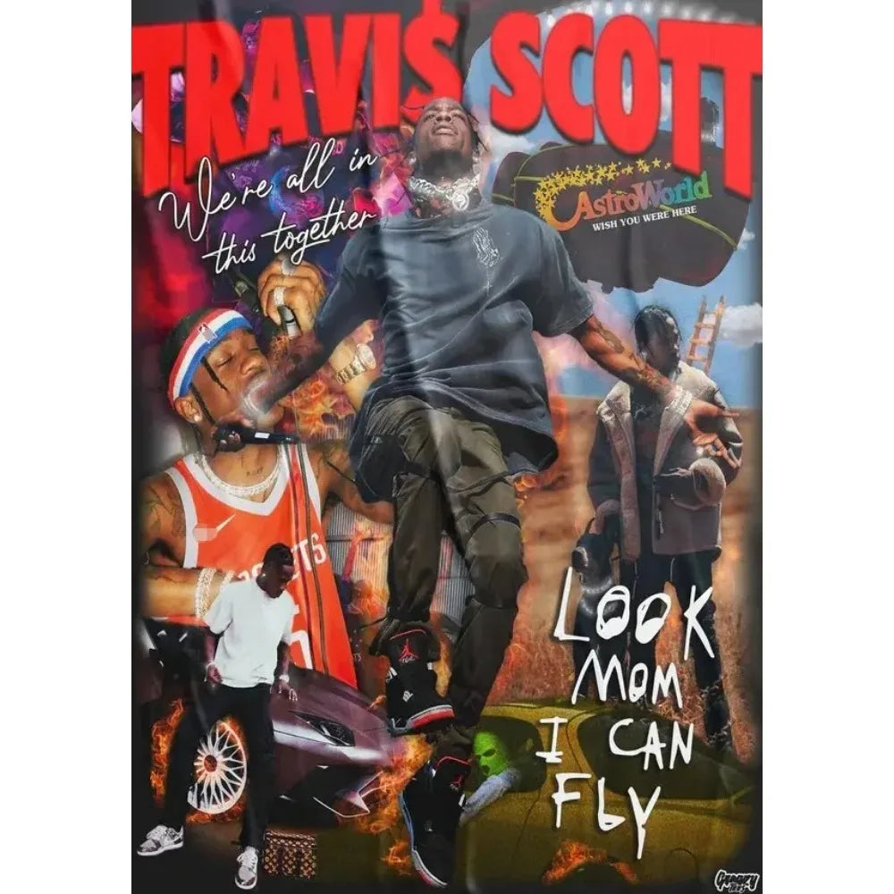 Hip hop singer travis scott astroworld jackboys music album poster canvas painting with vibrant red and black graphics
