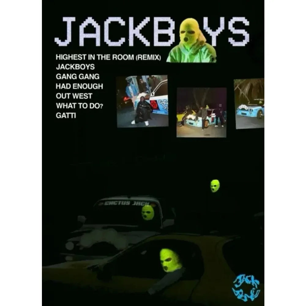 Glowing neon green mask on person in hoodie featured on travis scott astroworld jackboys music album canvas poster