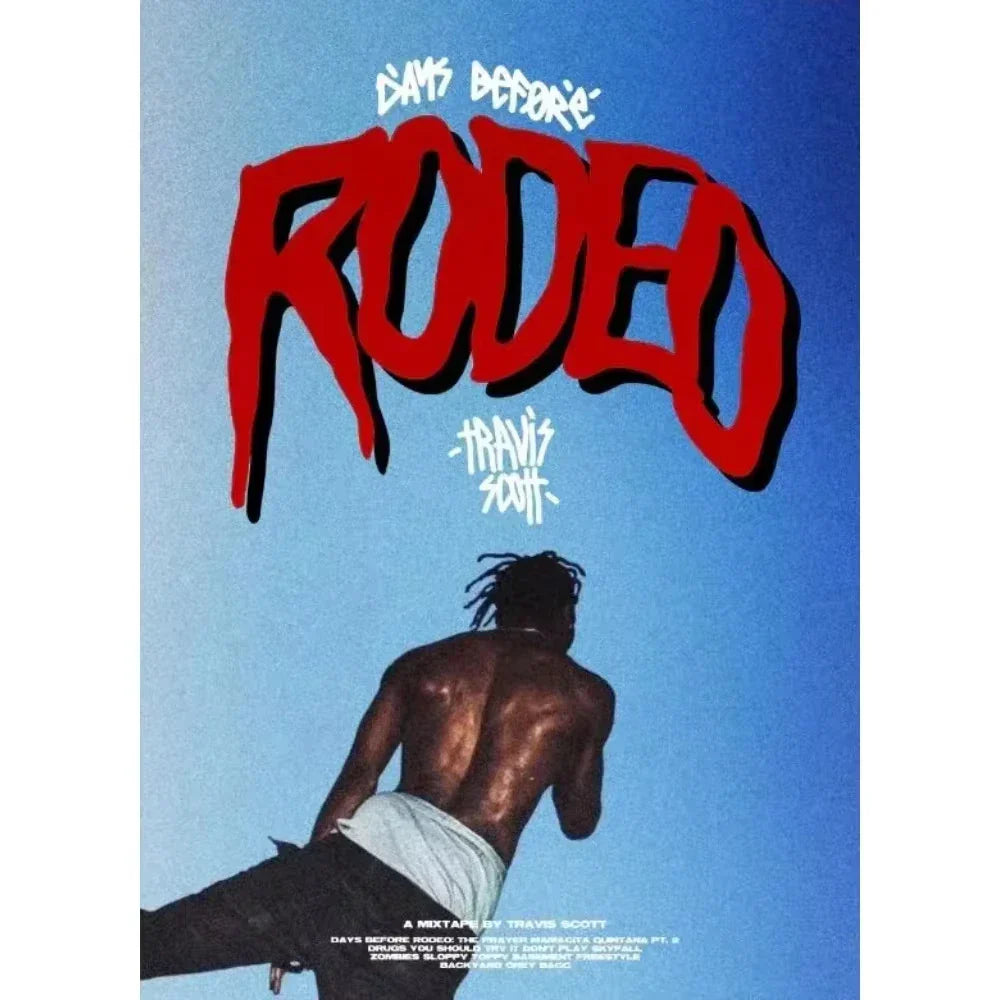 Canvas painting poster with red rodeo graffiti text and white artist names on blue background for travis scott astroworld jackboys music album decor
