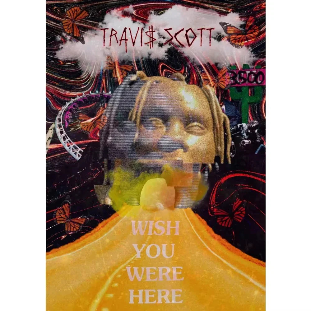 Canvas painting of travis scott astroworld jackboys music album cover with golden face and vibrant butterfly background