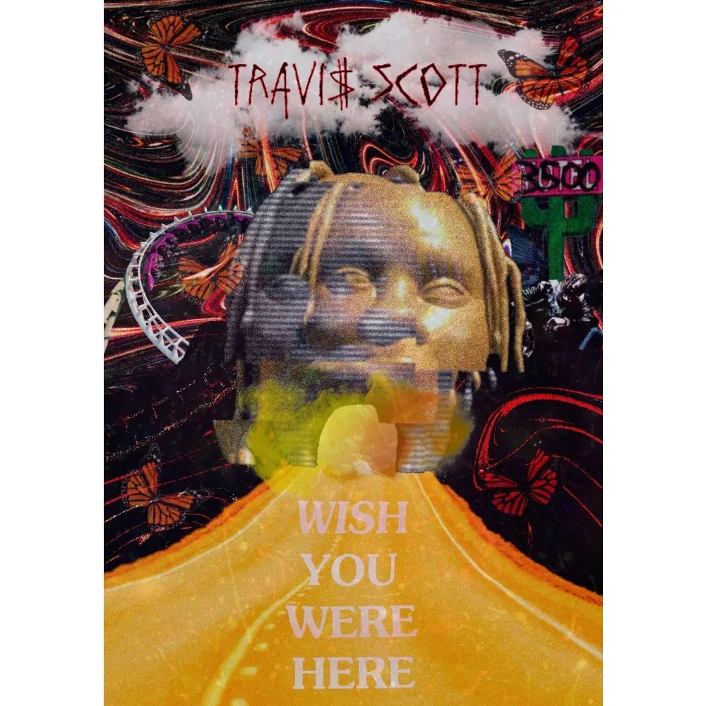 Hip hop singer travis scott astroworld jackboys music album cover poster canvas with golden portrait and psychedelic background