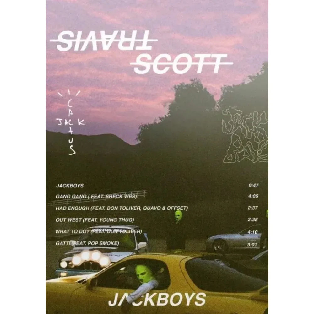 Poster canvas painting of travis scott astroworld jackboys music album cover with white text and pink purple sky background