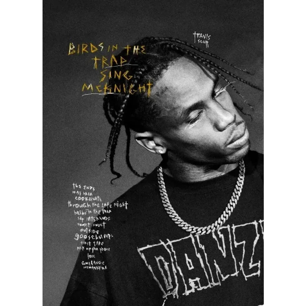 Silver chain necklace worn by person in black and white in travis scott astroworld jackboys music album poster canvas painting