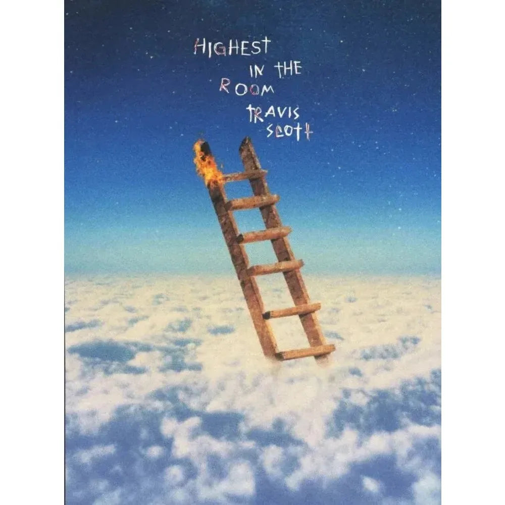 Canvas painting of a weathered wooden ladder with flame above clouds against starry blue sky for travis scott astroworld