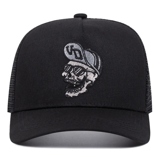 Black hip hop skull print workwear trucker hat with breathable mesh and embroidered skull wearing sunglasses and cd cap