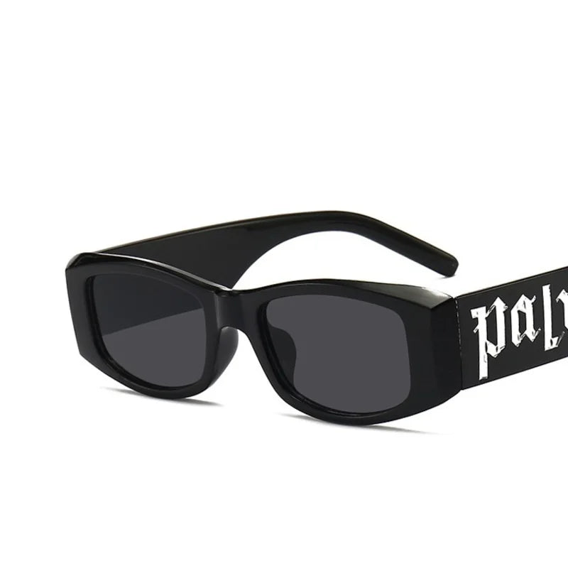 Black rectangular fashion sunglasses designer with dark gray lenses and bold white palm logo on the temple unisex glasses