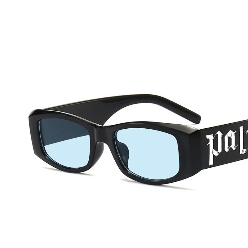 Black rectangular hip hop small classic fashion sunglasses designer with light blue lenses and white pal logo on temple