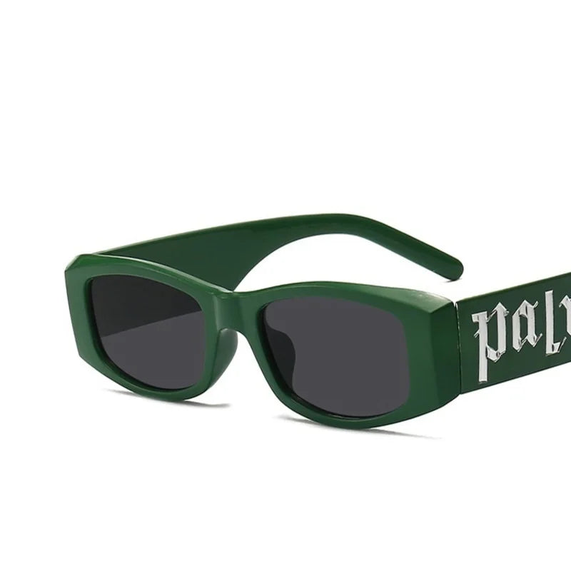 Dark green glossy rectangular fashion sunglasses designer with white palm lettering on the temple brand unisex glasses