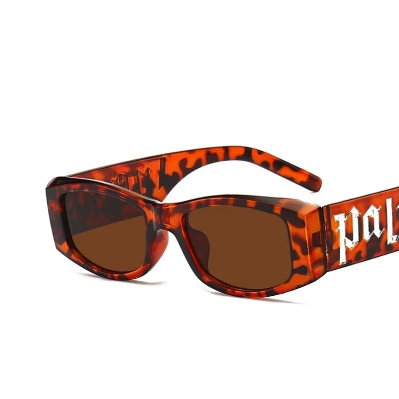 Tortoiseshell rectangular fashion sunglasses designer with brown lenses and bold white pal logo on temple for unisex use