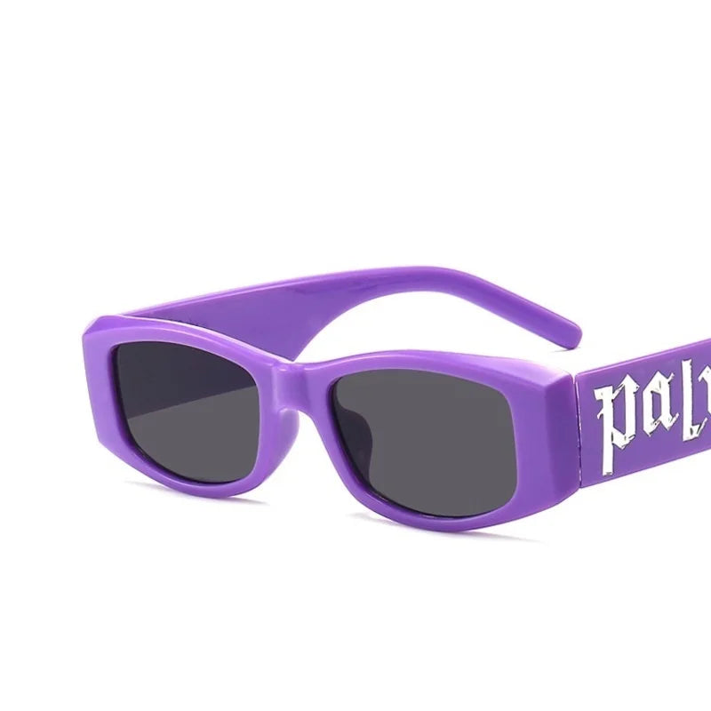 Purple rectangular fashion sunglasses designer with dark gray lenses and white pal logo on the temple, brand unisex glasses