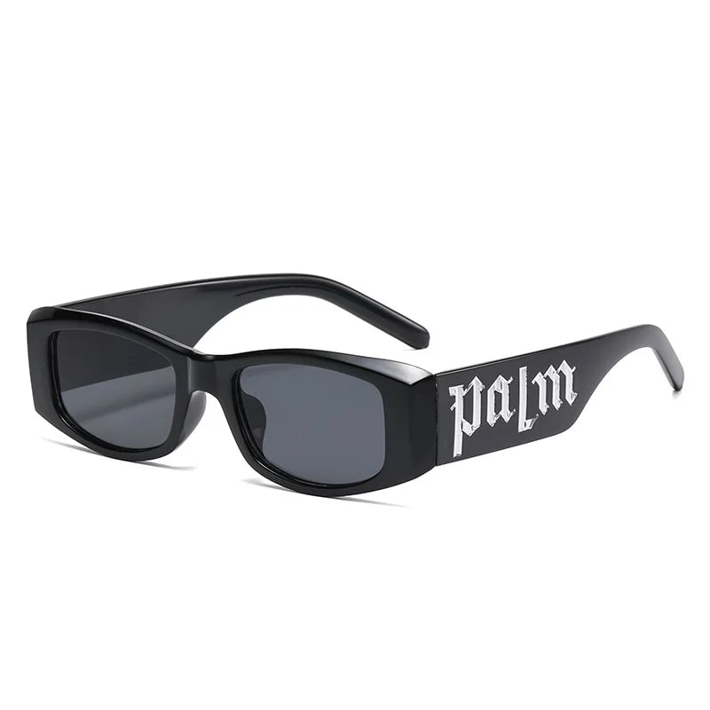 Black rectangular fashion sunglasses designer with dark gray lenses and white palm logo on the temple for unisex use
