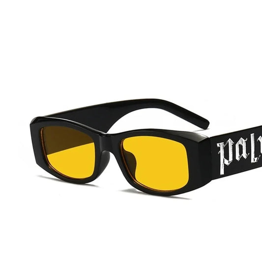 Black rectangular fashion sunglasses designer with bold yellow lenses and white pal logo on the temple for unisex use
