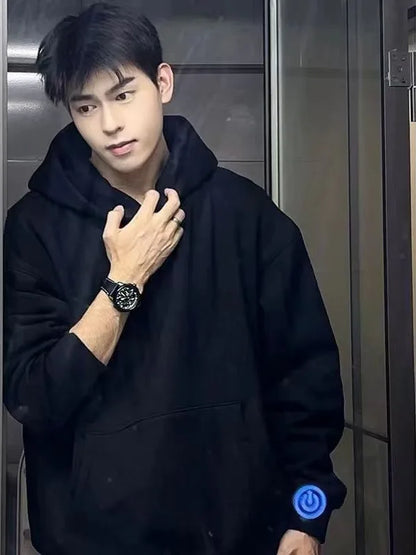 Black hoodie with a blue glowing power button patch on the left sleeve fitness hoodies men autumn fashion casual male harajuku streetwear