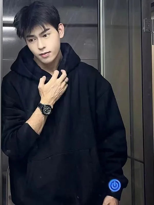 Black hoodie with a blue glowing power button patch on the left sleeve fitness hoodies men autumn fashion casual male harajuku streetwear