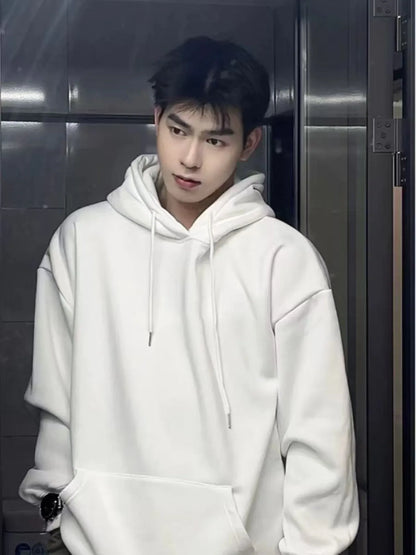 White hooded sweatshirt with drawstrings and front pocket for fitness hoodies men autumn fashion casual wear