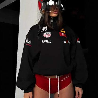 Black oversized hip hop sports racing half zipper hoodie with white and red sponsor logos casual hoodies clothes