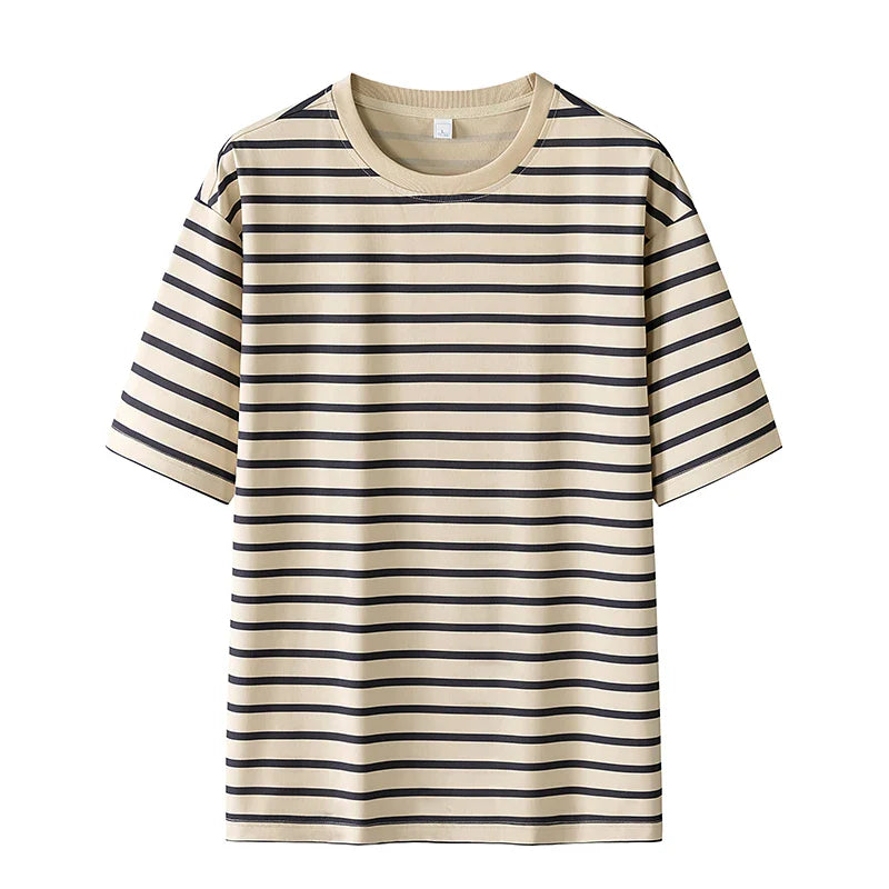 Beige and black striped hip hop sports t shirt with short sleeves and round neckline for casual streetwear 2024 summer