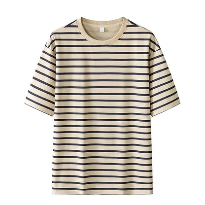 Beige and black striped hip hop sports t shirt with short sleeves and round neckline for casual streetwear 2024 summer