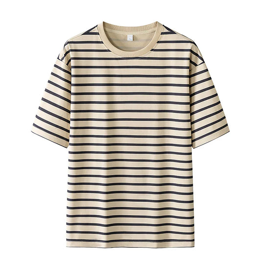 Beige and black striped hip hop sports t shirt with short sleeves and round neckline for casual streetwear 2024 summer