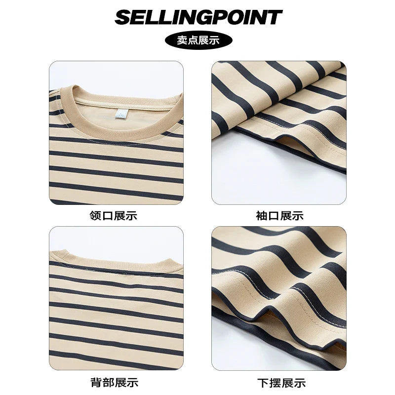 Beige and black horizontally striped cotton hip hop sports t shirt with round neckline for casual streetwear use