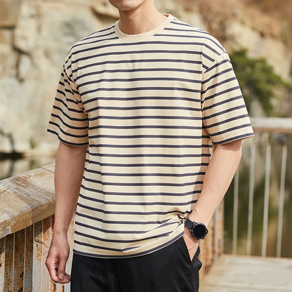 Beige and navy blue horizontally striped cotton t-shirt with relaxed fit hip hop sports streetwear casual summer tee