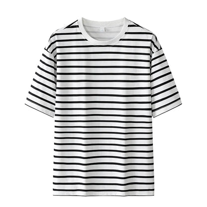 Black and white striped short-sleeve hip hop sports t shirt with round neckline casual summer streetwear mens oversized