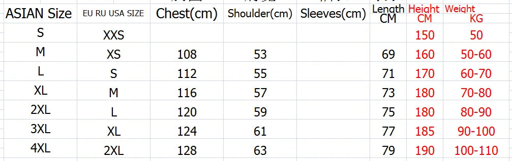 Size chart in centimeters for asian-sized hip hop sports t shirt streetwear mens stripe casual oversized summer tee 3XL 4XL
