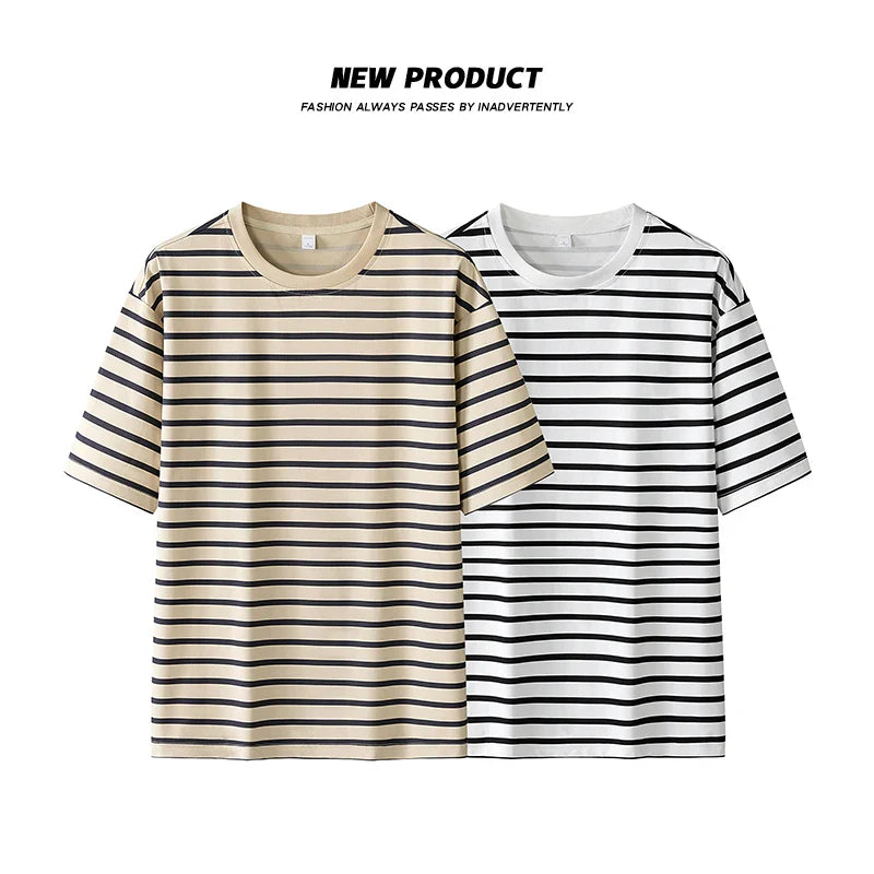 Two short-sleeved hip hop sports t-shirts in beige black and white black stripes for casual summer streetwear