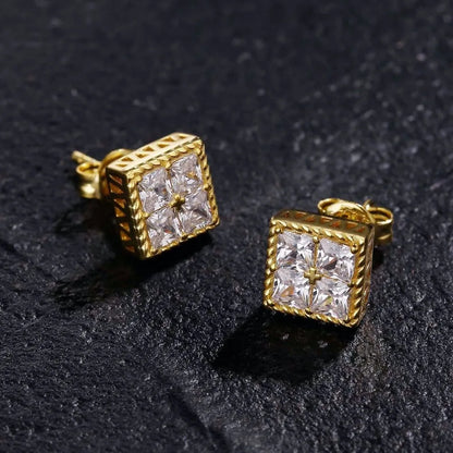 Gold-toned hop square rhinestone stud earrings with princess-cut clear stones and a textured beaded border for women geometric luxury stone ear studs