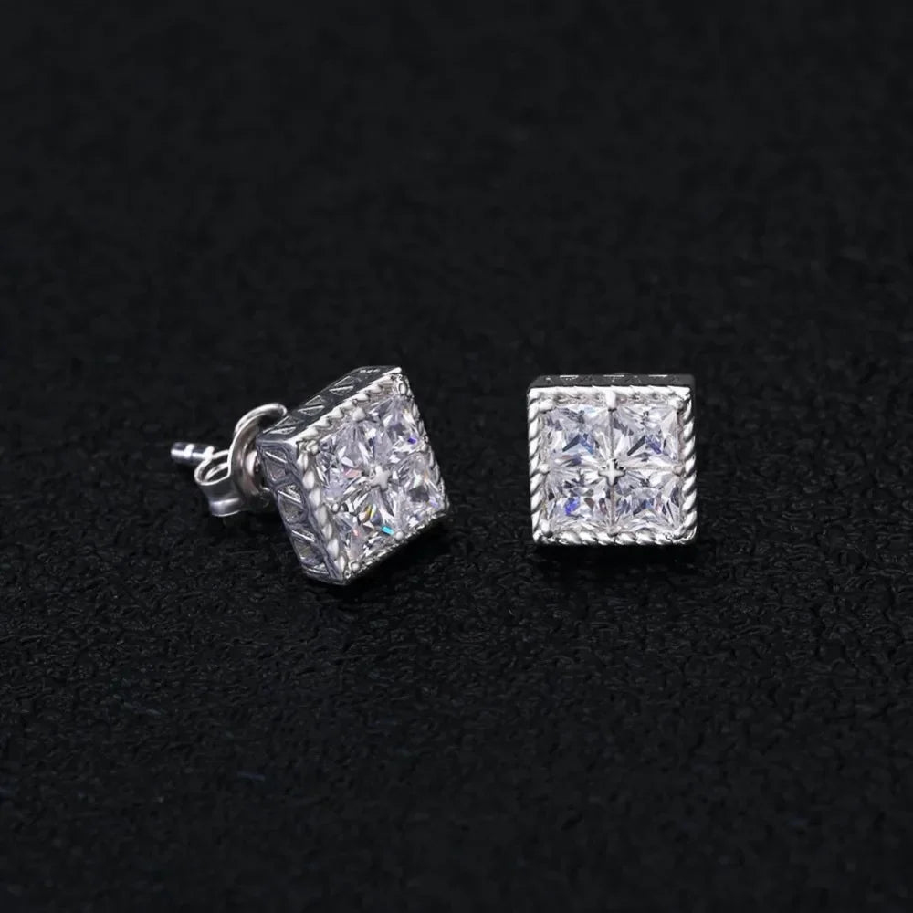 Hip hop square rhinestone stone ear studs with clear square-cut gemstones in silver-toned geometric luxury design