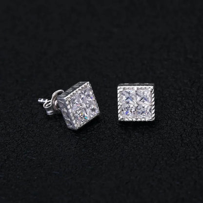 Hip hop square rhinestone stone ear studs with clear square-cut gemstones in silver-toned geometric luxury design