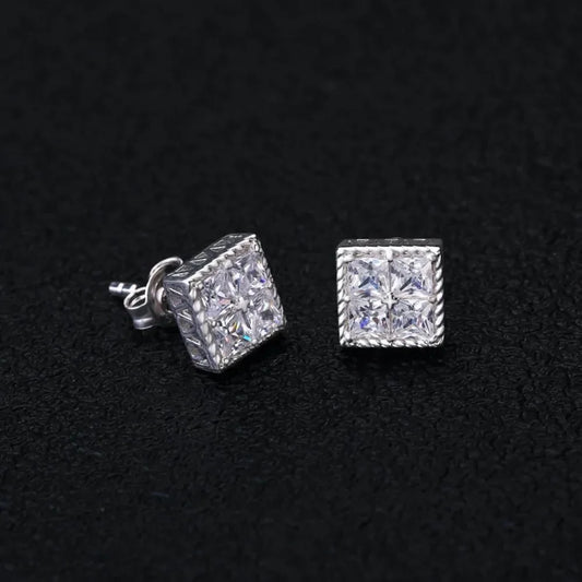Hip hop square rhinestone stone ear studs with clear square-cut gemstones in silver-toned geometric luxury design