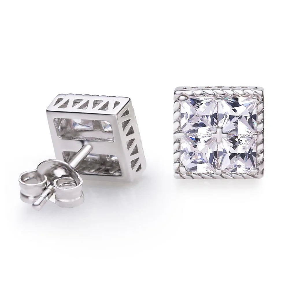 Square-cut clear hop square rhinestone stud earrings in silver-toned metal with geometric luxury triangular cutout back