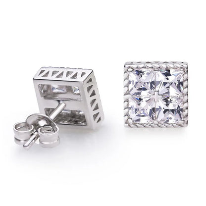 Square-cut clear hop square rhinestone stud earrings in silver-toned metal with geometric luxury triangular cutout back