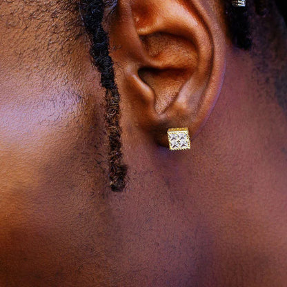 Gold hop square rhinestone stud earring with geometric luxury micropavé stone ear studs for men and women