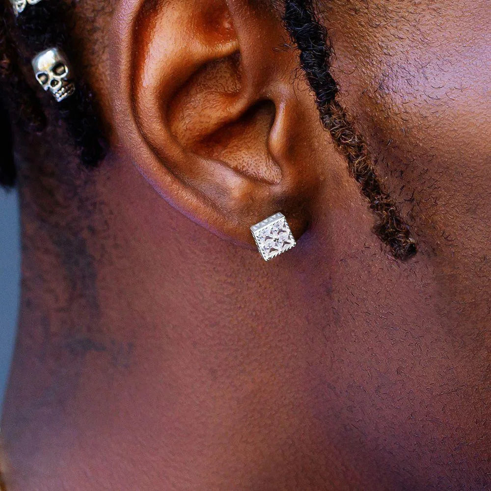Silver hop square rhinestone stud earring with intricate textured pattern for women geometric luxury stone ear studs