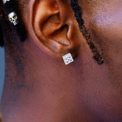 Silver hop square rhinestone stud earring with intricate textured pattern for women geometric luxury stone ear studs