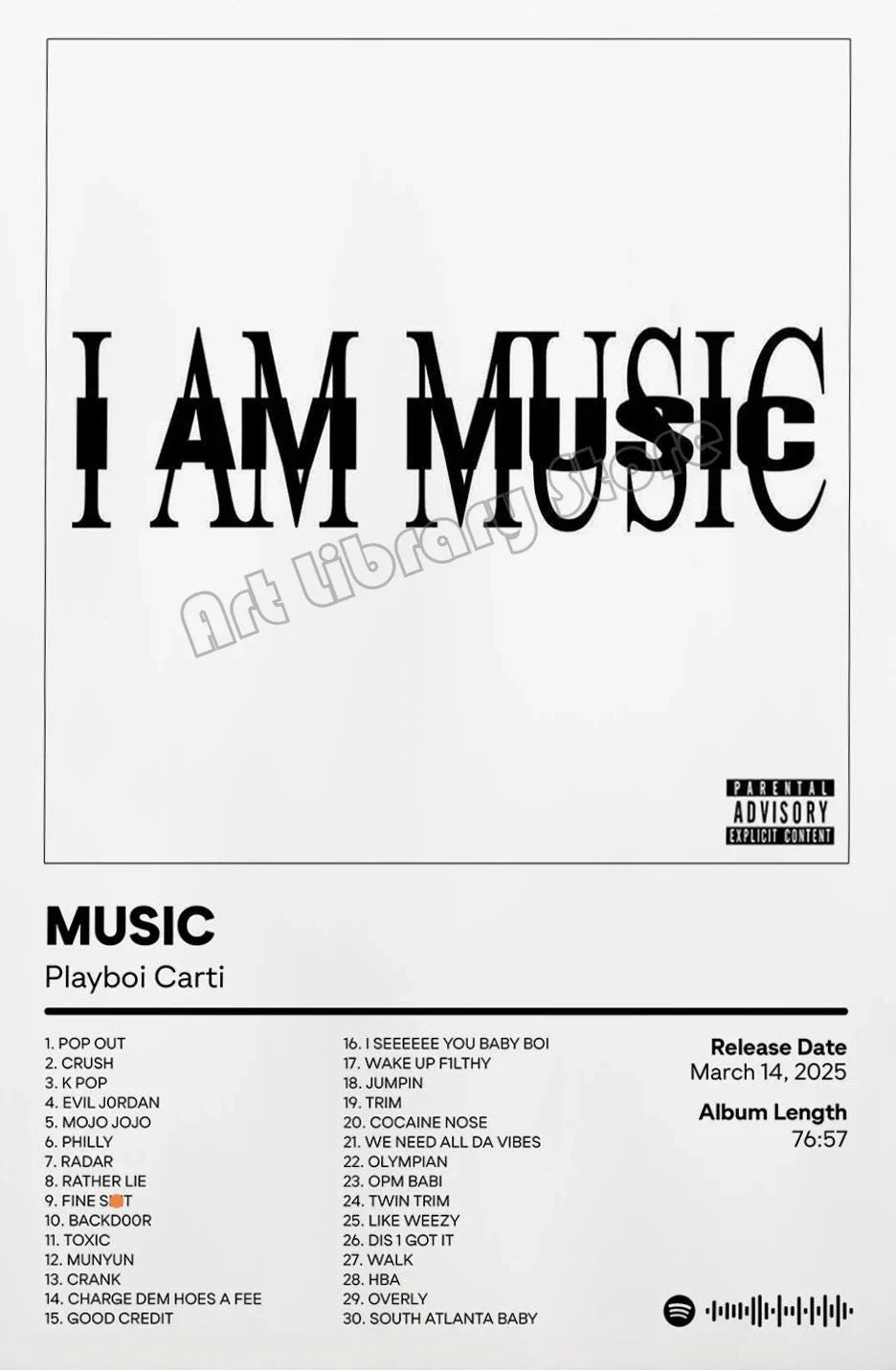 Black i am music album cover poster featuring bold typography for hip hop star rapper playboi carti wall art