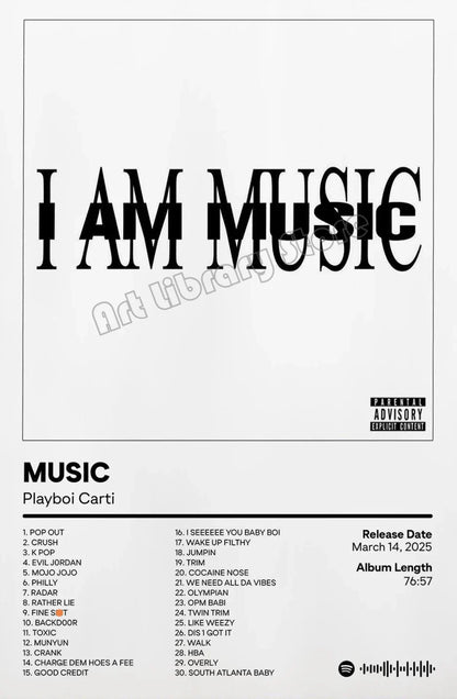 Black i am music album cover poster featuring bold typography for hip hop star rapper playboi carti wall art