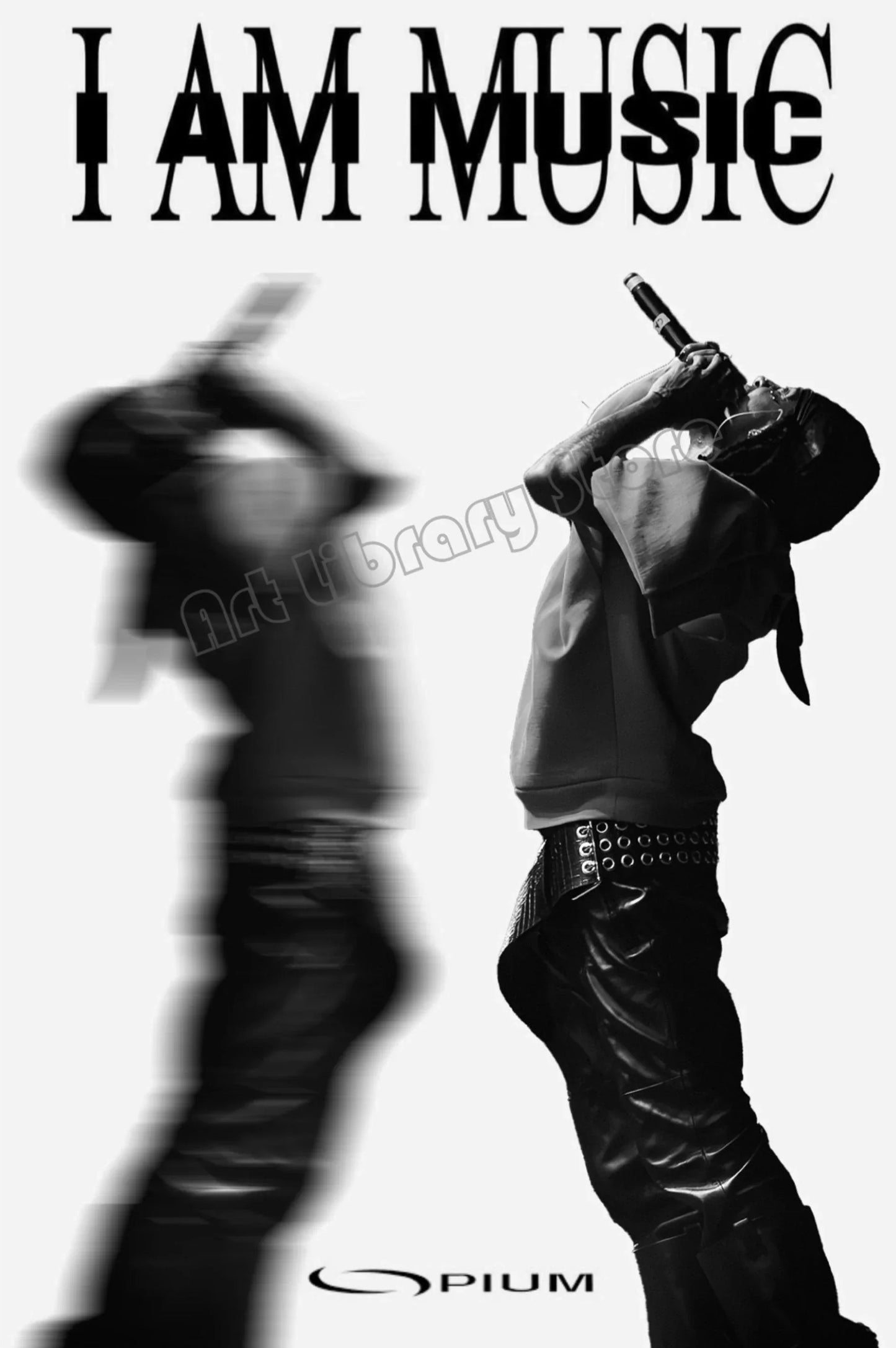 Black-and-white canvas album cover poster of rapper playboi carti silhouette with i am music text for hip hop star decor