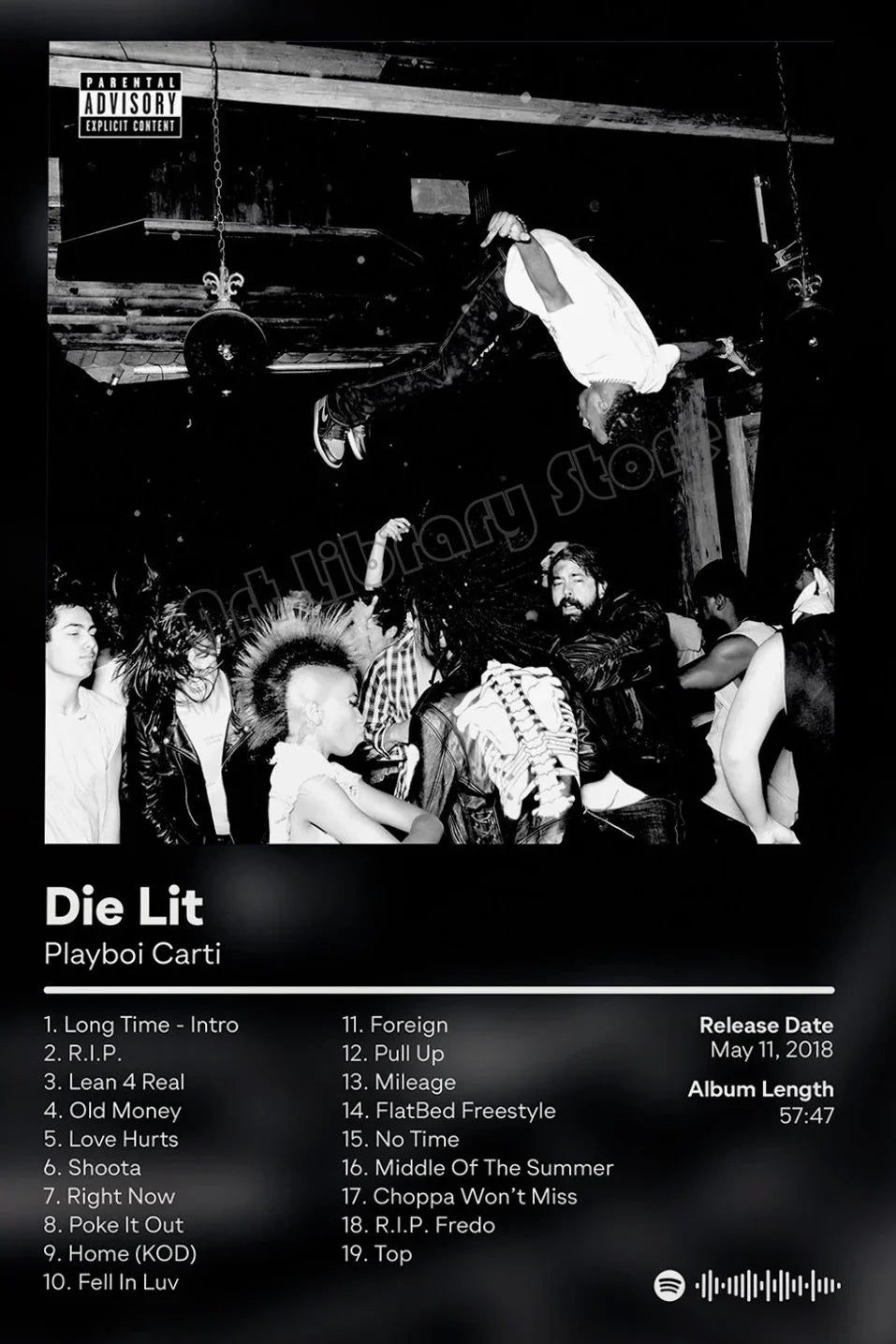 Black-and-white hip hop star album cover poster featuring rapper playboi carti with dynamic street-style graffiti design