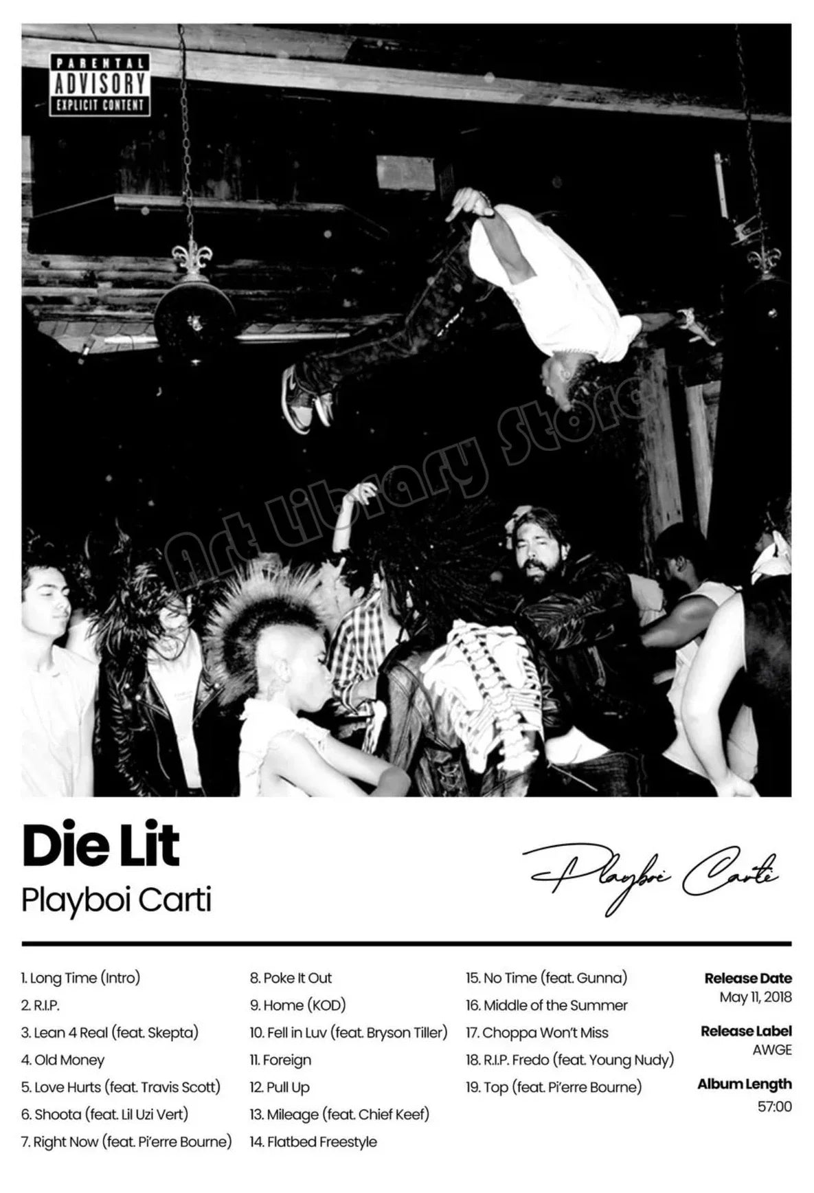 Black-and-white hip hop star playboi carti album cover poster featuring dynamic street dance on canvas wall art decor